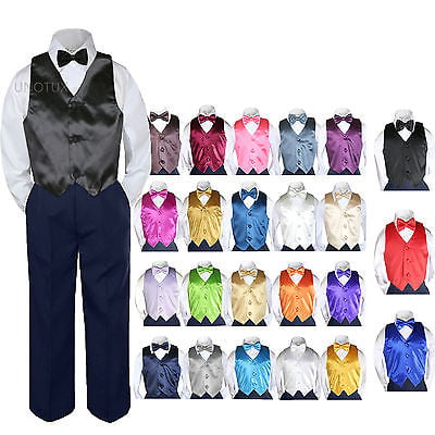 Leadertux 4pc Baby Toddler Boys Coral Red Vest Bow Tie Navy Blue Pants Suits S-7 